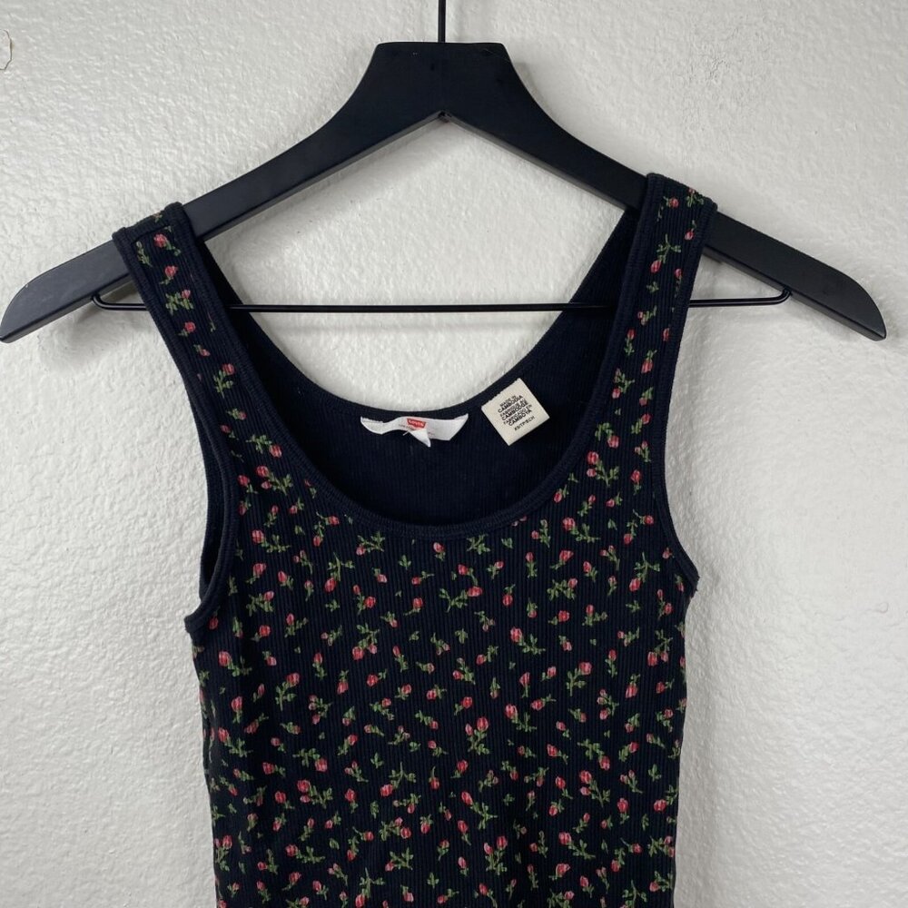 Levis Tank Top Women's Black Sz XS Ditzy Floral Rosebud Ribbed Cottage Core - Picture 5 of 7